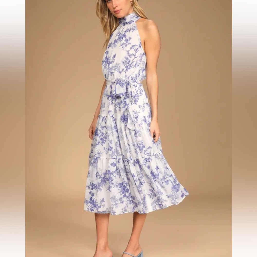 Lulu’s Float to You White Floral Print Halter Tiered Midi Dress NWOT